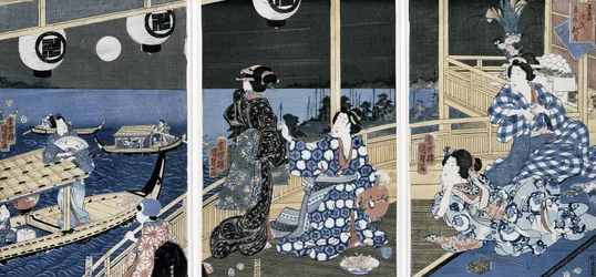 Jesienny księżyc nad Fukagawą (dzielnica przyjemności), z serii „Azuma Genji” (Książę Genji ze wschodniej stolicy (Edo) 1856 (kolorowy drzeworyt)